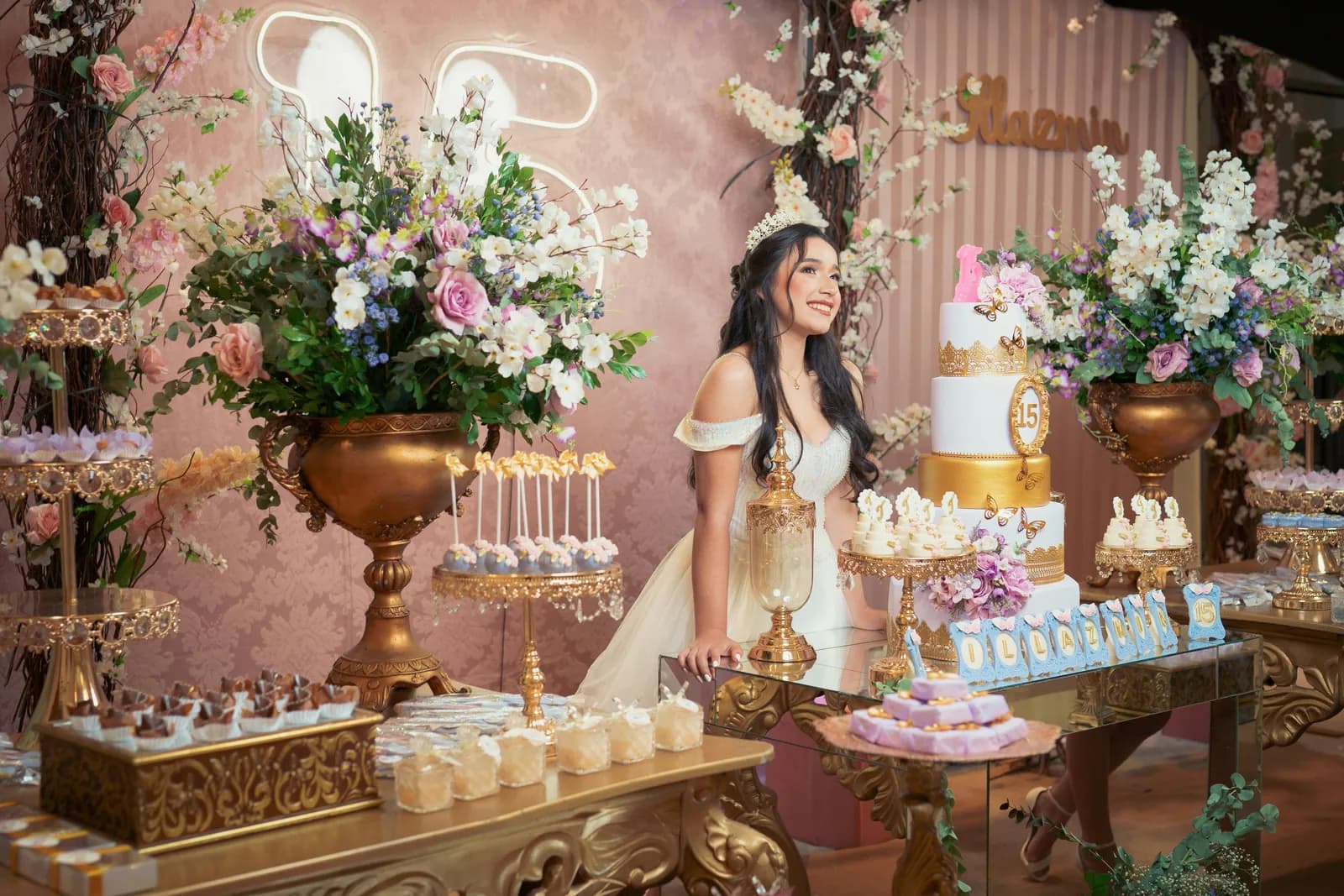 Social celebration dessert table styled with florals