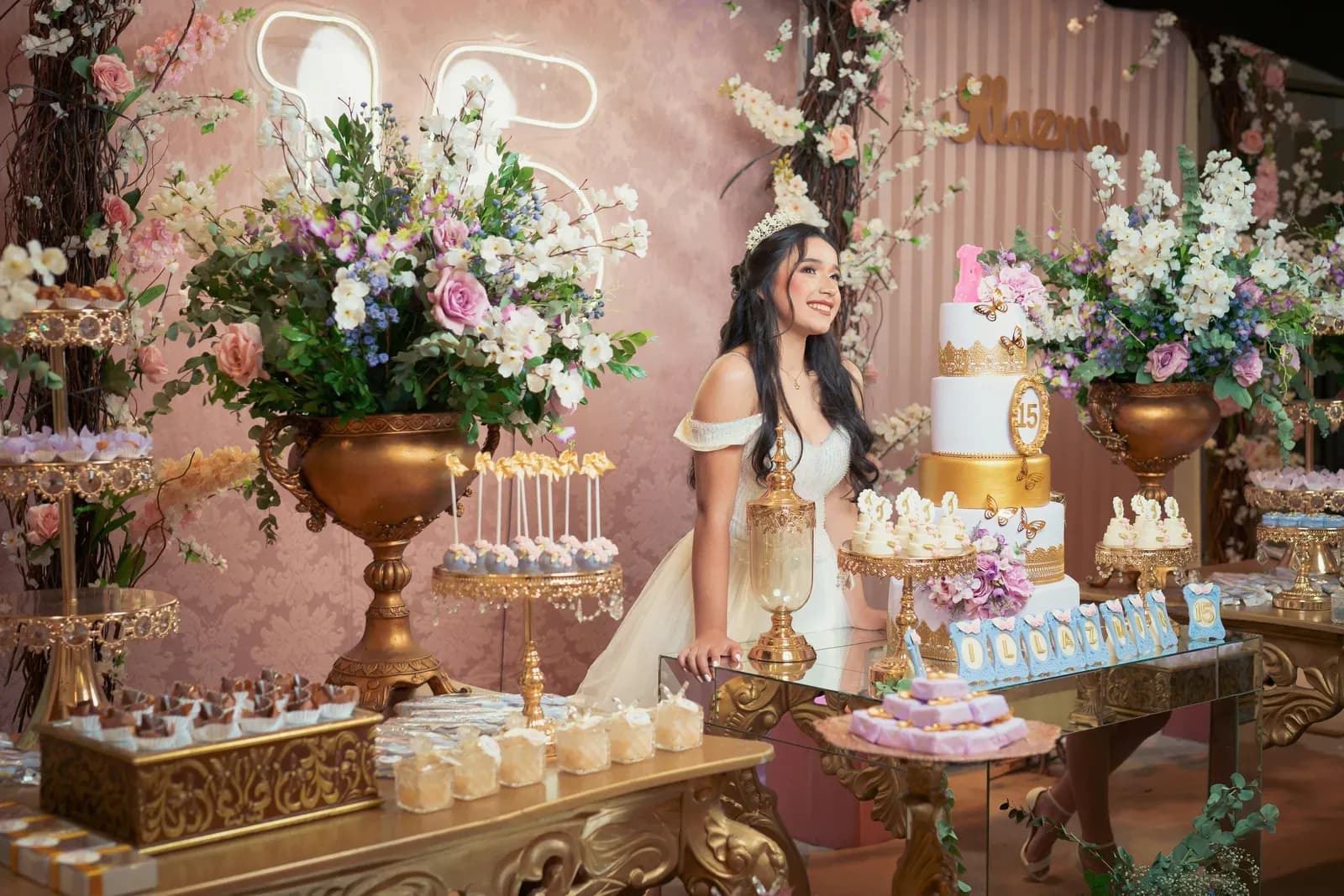 Social celebration dessert table styled with florals